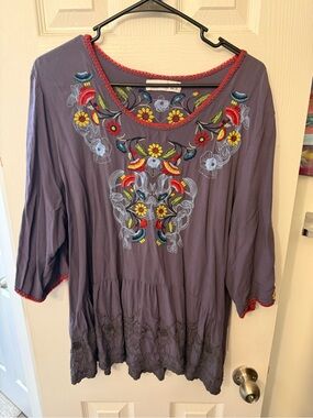 Embroidered Scoop-Neck Purple Women's Blouse